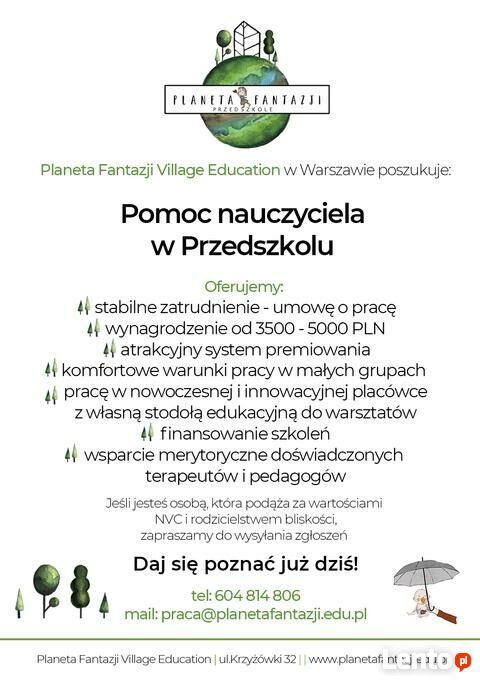 Nauczyciel Wychowania Przedszkolnego I Pomoc Nauczyciela Warszawa