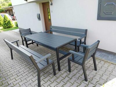Stół metalowy/drewniany ocynk loft 2 ławki 2 fotele ANTRACYT