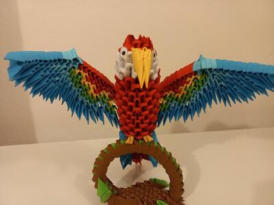 Kolorowa PAPUGA na gałęzi ptak - rękodzieło origami
