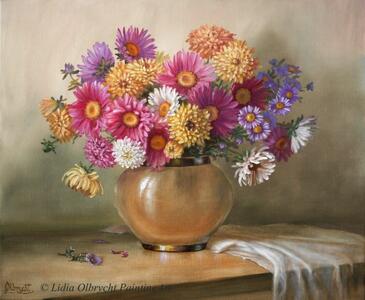 Astry w Wazonie, ręcznie malowany olejny, L. Olbrycht