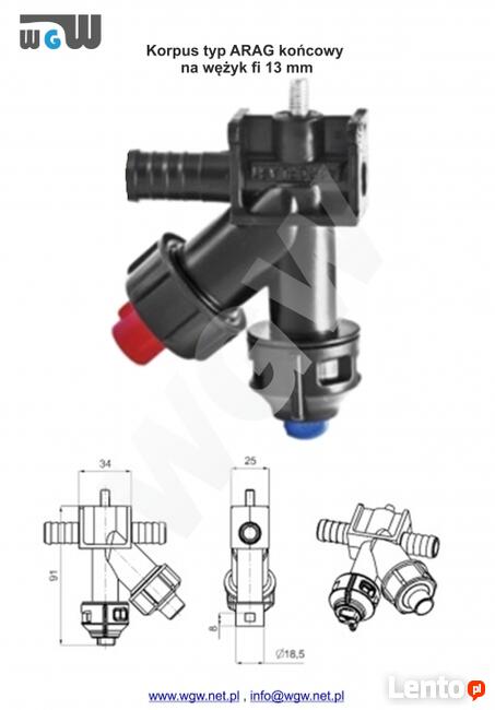Korpus oprawa rozpylacza typ Arag, końcowy, wężyk fi 13, na
