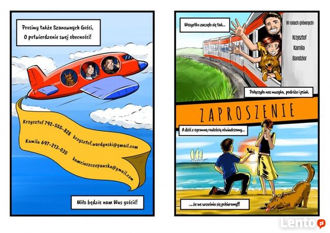 Komiks reklamowy, edukacyjny, zaproszenia na ślub.