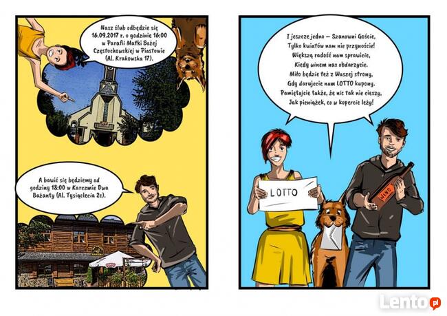 Komiks reklamowy, edukacyjny, zaproszenia na ślub.