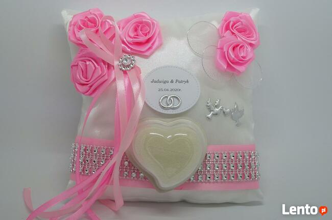 Poduszka Na OBRĄCZKi Róż i Srebro OZDOBA ŚLUB Wesele Wedding