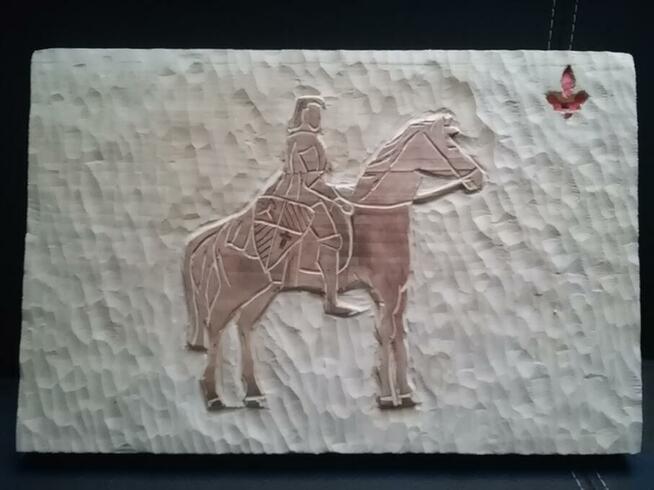 Płaskorzeźba - Rycerz na koniu - deska lipowa - praca ręczna