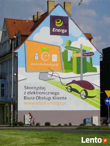 Mural malowany na ścianie, graffiti, reklama malowana