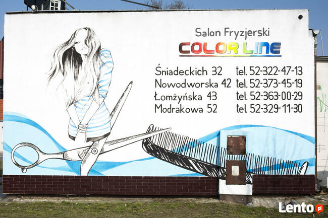 Mural malowany na ścianie, graffiti, reklama malowana