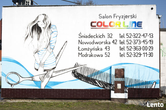 Mural malowany na ścianie, graffiti, reklama malowana