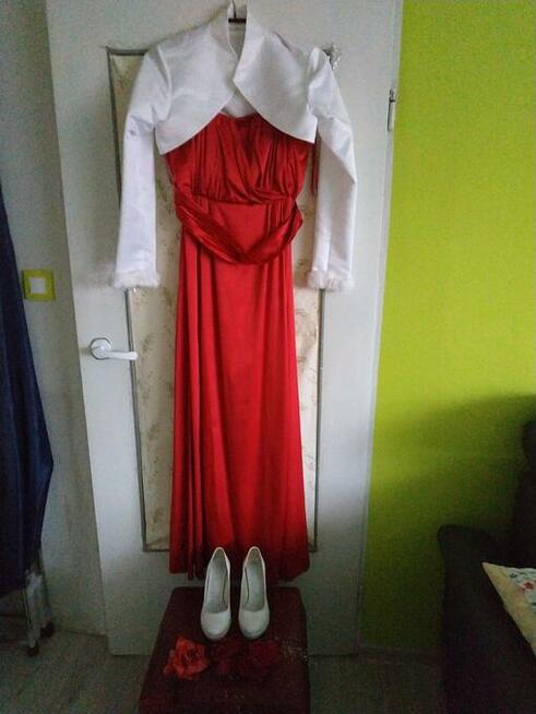Czerwona sukienka ślubna cywilny z bolerkiem + buty