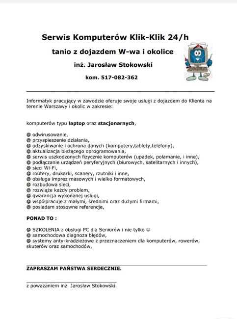 serwis komputerowy KLik-KLik 24h tanio z dojazdem W-wa i oko
