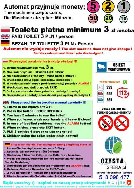 Zysk x 4, bramki dostępu do wc , wrzutniki, płatny prysznic,