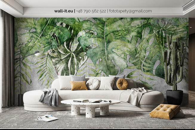 Fototapeta liście tropikalne na betonie, nowoczesny klimat.