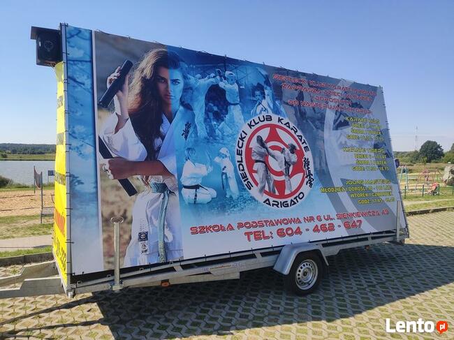 Mobilna przyczepa reklamowa + NAGŁOŚNIENIE 400W reklama HIT