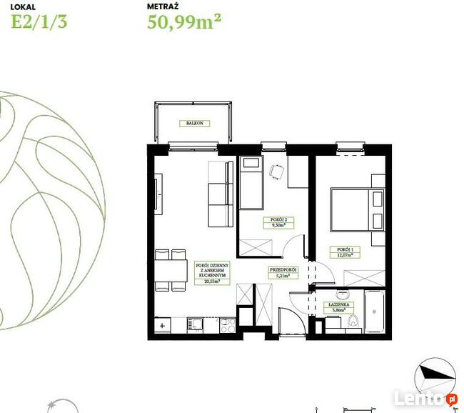 3 pokoje 50m2, 1 piętro, balkon.