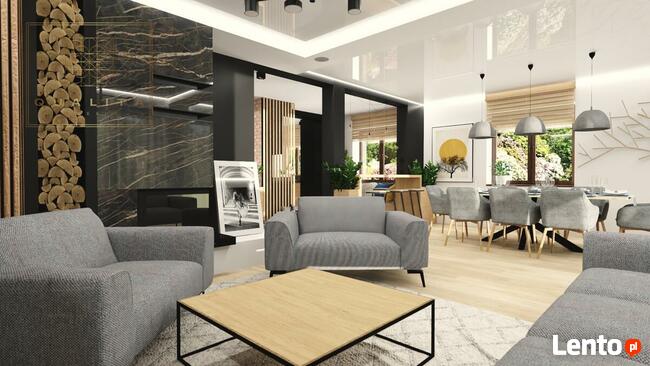 Projekt wnętrza salonu z aneksem i jadalnią 30m2