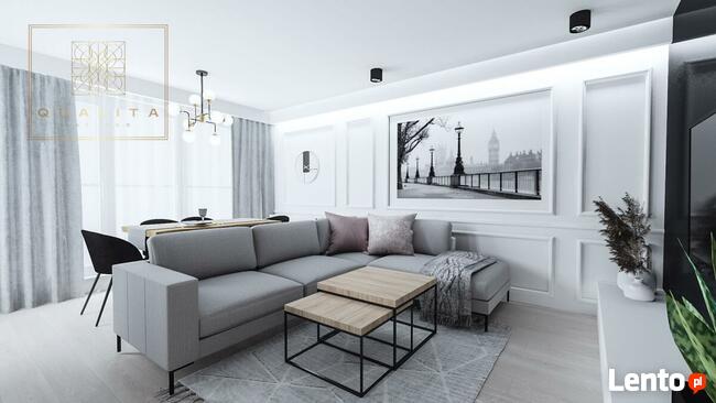 Projekt wnętrza salonu z aneksem i jadalnią 30m2