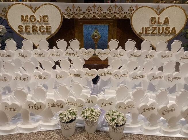 Aniołek z sercem+imię dekoracja Pierwsza Komunia