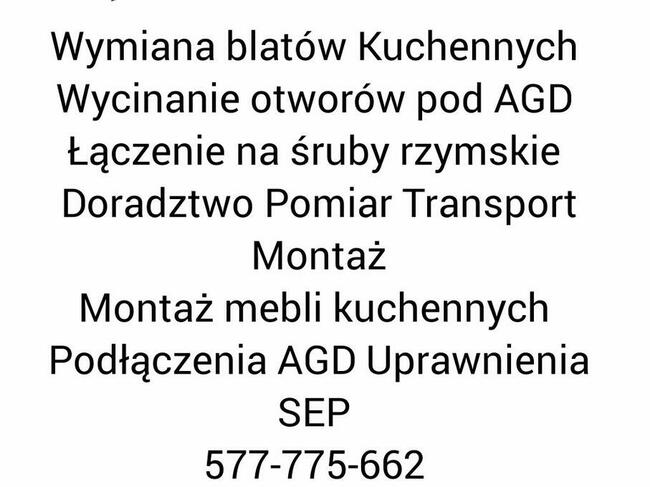 Montaż blatów kuchennych Frezowanie montaż kuchni Składanie