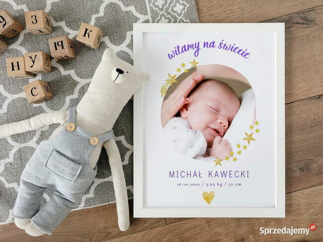 Metryczka dziecka ze zdjęciem data waga wzrost na prezent