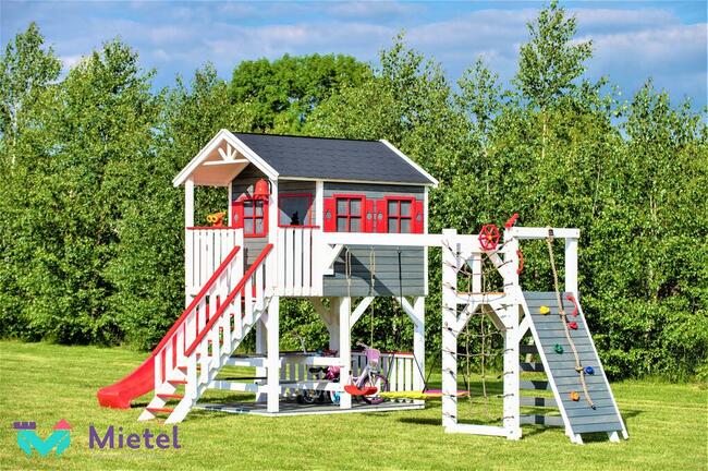 Wyjątkowy domek drewniany pełny zestaw plac zabaw