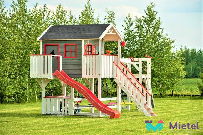 Wyjątkowy domek drewniany pełny zestaw plac zabaw