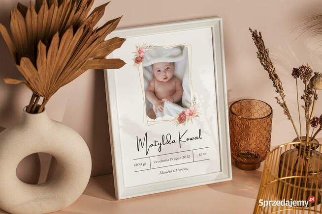 Metryczka ze zdjęciem dziecka narodziny prezent