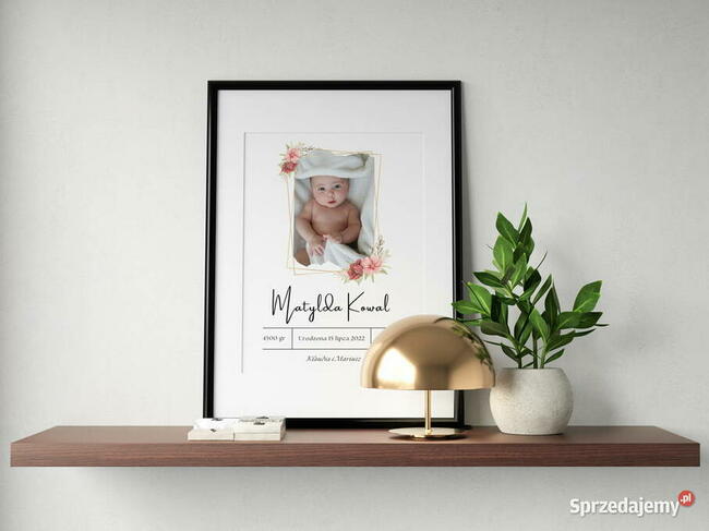 Metryczka ze zdjęciem dziecka narodziny prezent