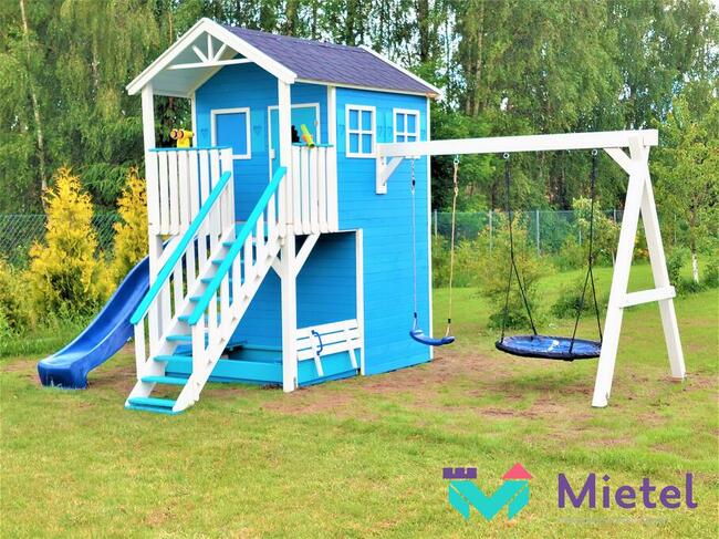 Plac zabaw z garażem i piaskownicą, domek, pełny zestaw