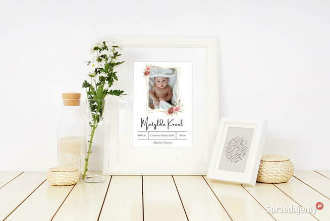 Metryczka ze zdjęciem dziecka narodziny prezent