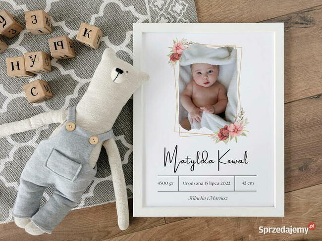 Metryczka ze zdjęciem dziecka narodziny prezent
