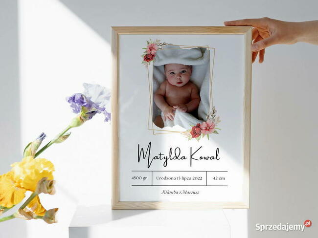 Metryczka ze zdjęciem dziecka narodziny prezent