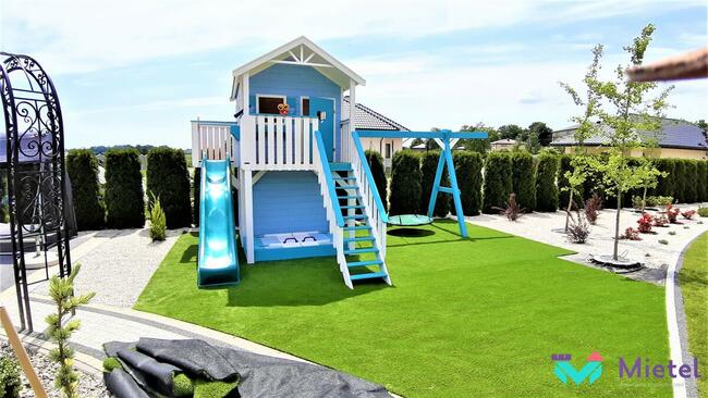 Plac zabaw z garażem i piaskownicą, domek, pełny zestaw