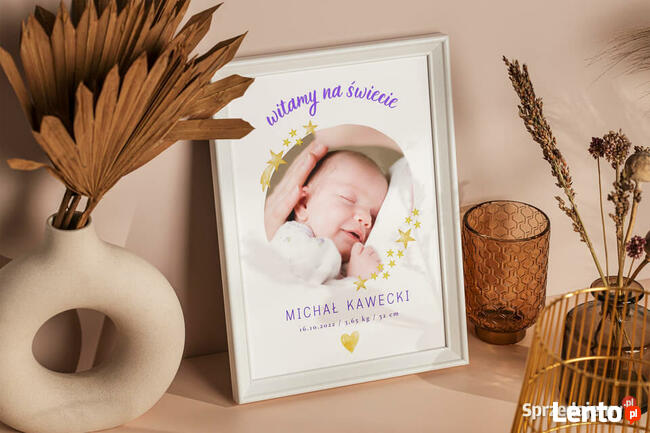 Metryczka dziecka ze zdjęciem data waga wzrost na prezent