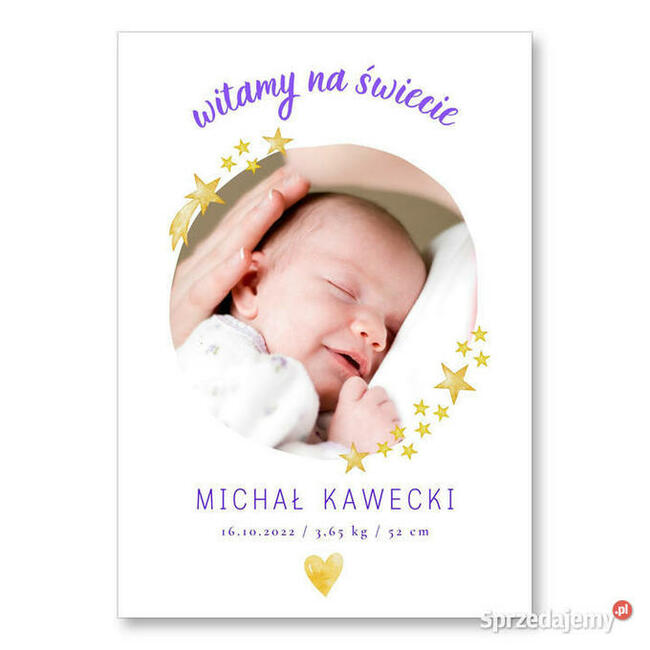 Metryczka dziecka ze zdjęciem data waga wzrost na prezent