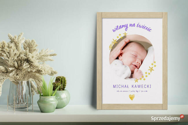 Metryczka dziecka ze zdjęciem data waga wzrost na prezent