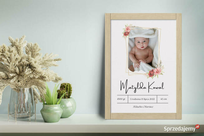 Metryczka ze zdjęciem dziecka narodziny prezent