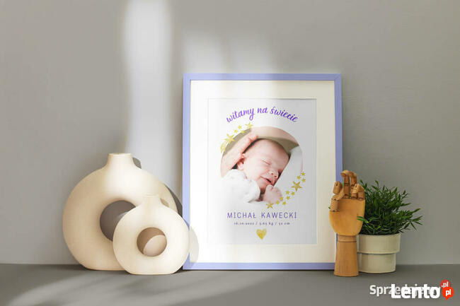 Metryczka dziecka ze zdjęciem data waga wzrost na prezent