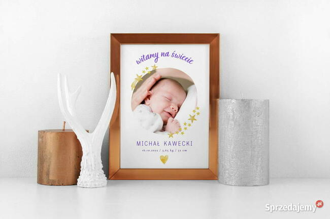 Metryczka dziecka ze zdjęciem data waga wzrost na prezent