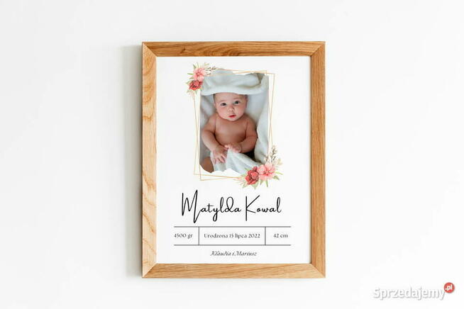 Metryczka ze zdjęciem dziecka narodziny prezent