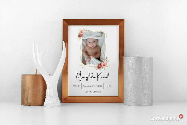 Metryczka ze zdjęciem dziecka narodziny prezent