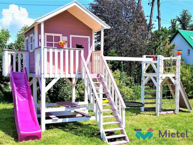 Pełny plac zabaw domek drewniany dla dziecka zjeżdżalnia