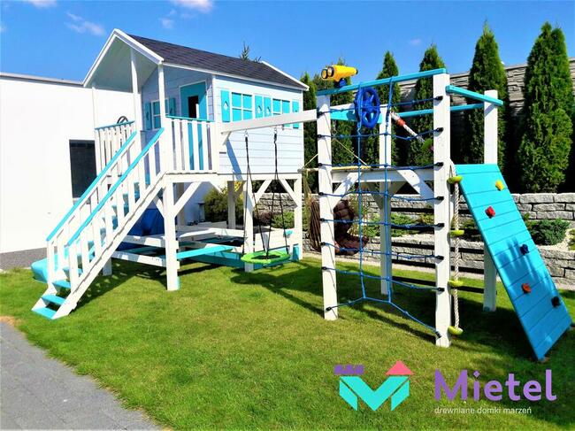 Pełny plac zabaw domek drewniany dla dziecka zjeżdżalnia
