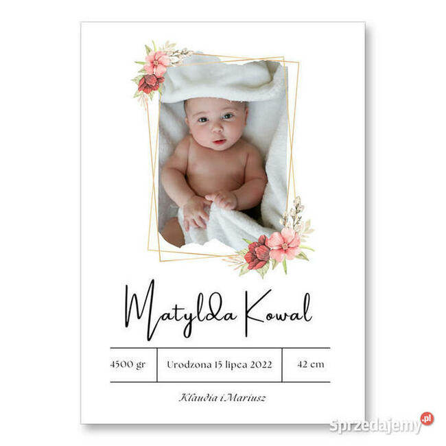 Metryczka ze zdjęciem dziecka narodziny prezent