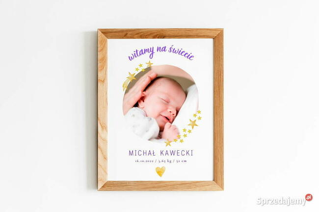 Metryczka dziecka ze zdjęciem data waga wzrost na prezent