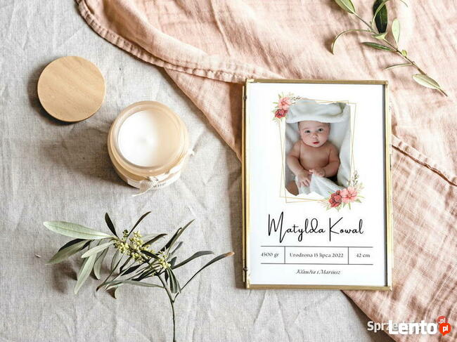 Metryczka ze zdjęciem dziecka narodziny prezent
