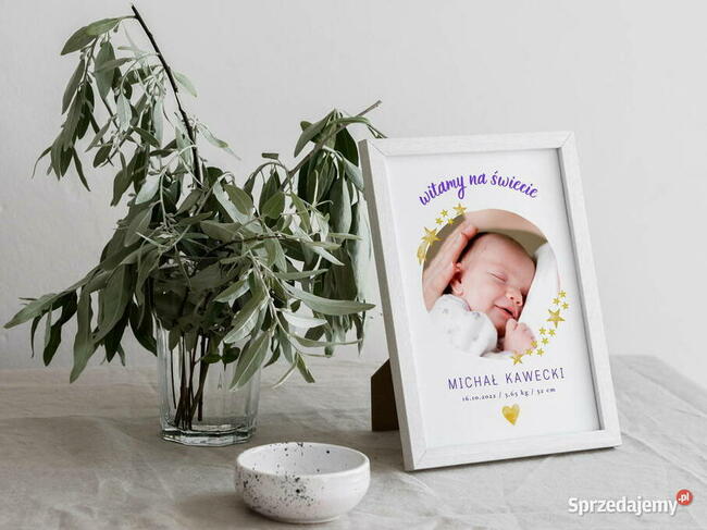 Metryczka dziecka ze zdjęciem data waga wzrost na prezent