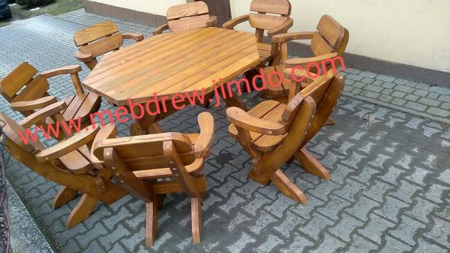 Drewniany stół malowany 2 ławki 2 fotele meble ogrodowe