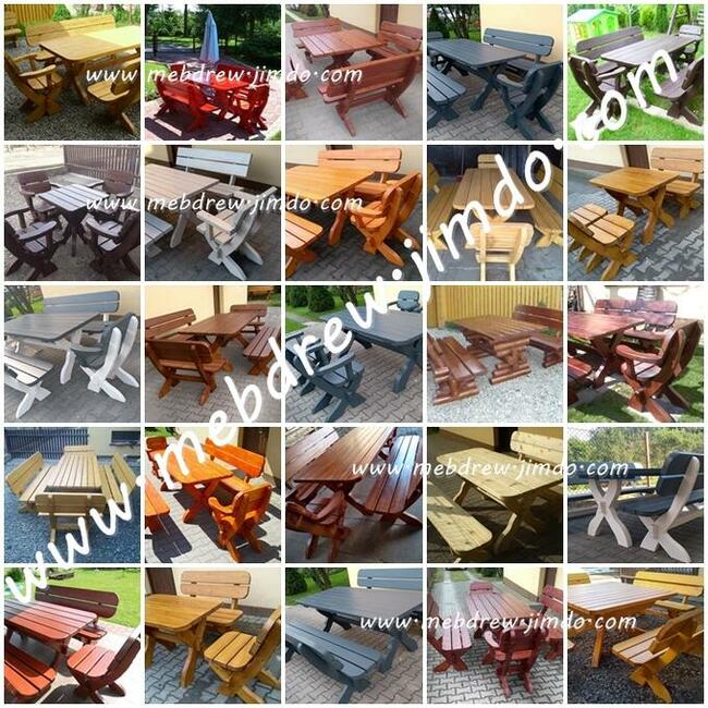 Drewniany stół malowany 2 ławki 2 fotele meble ogrodowe