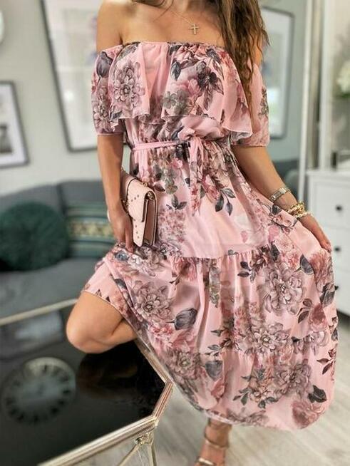 Sukienka w kwiaty midi hiszpanka z falbanką pudrowy róż