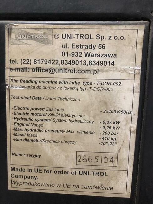 Maszyna do Prostowania Felg UNI-TROL